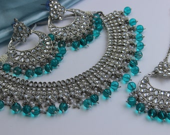 Mahvish Aqua Teal - Silver Plated Necklace Earring and Tikka Set