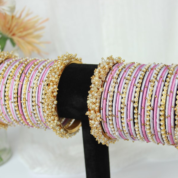 Baby Pink and White Bangle Stack - Indian Bangles - Beautiful Gifting and Occasion wear jewellery