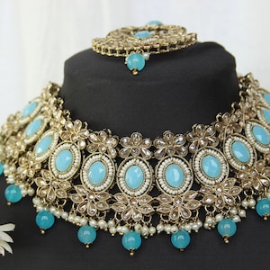 Flora Sky Blue Mendhi Plated Reverse AD Necklace Set