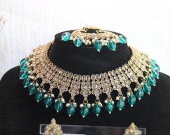 Jia Aqua Teal Mendhi Plated Reverse AD Necklace Set With Earrings and Tikka