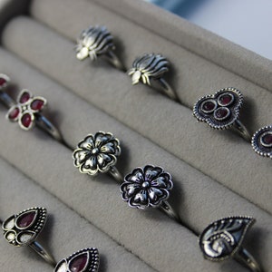 Può includere: Una collezione di anelli per il naso in argento con pietre preziose rosse e trasparenti. Gli anelli sono esposti in una scatola foderata in velluto.