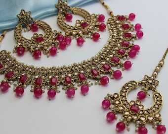 Rei Rani Pink - Parure de collier avec boucles d'oreilles et Tikka