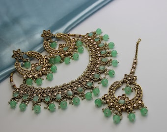 Rei Mint - Parure de collier avec boucles d'oreilles et Tikka