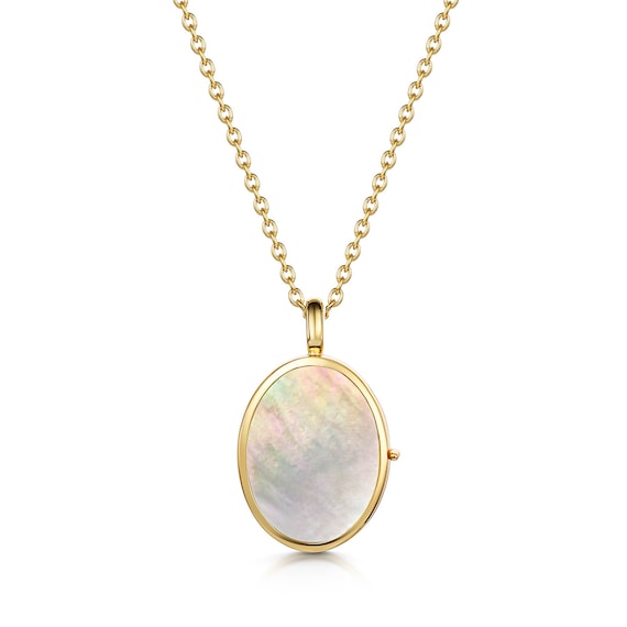 Gold Oval Mother of Pearl Locket Necklace, Personalized Photo Locket with Engraved Message, Luxury Gift for Her