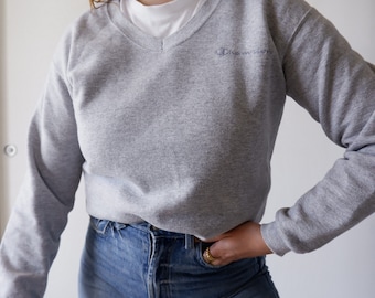 CHAMPION Gray Sweatshirt Made in USA, 80s Vintage Cotton Fleece Women&#39;s Sweatshirt, Size M, Long Sleeve V-Neck Sweater