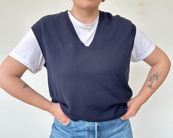 Vintage Sergio Tacchini Vest 90s Navy Cotton Sleeveless Sweatshirt, V Neck Minimal Sport Gilet, Unisex Oversize Layering Piece XL