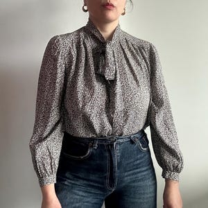 Vintage Shirt with Tied Collar, Women&#39;s Blouse with Black and White Abstract Pattern, Buttoned Long Sleeve Top