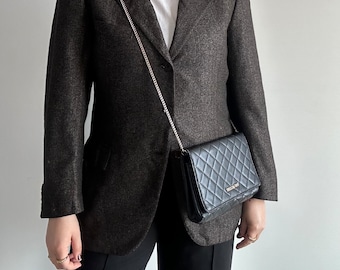 Blazer en laine tweed noir et marron vintage des années 80 - Coupe structurée - Look contemporain