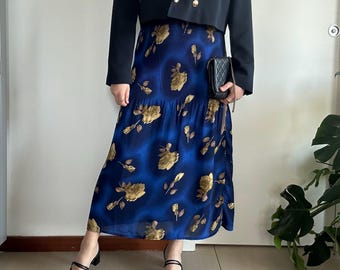 Vintage Long Blue Floral Skirt for Women, High-Waisted A-Line Maxi Skirt, Size L, Summer & Spring Fashion