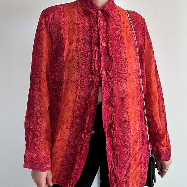 Vintage 80s Oversized Red Button-down Shirt with Abstract Print
