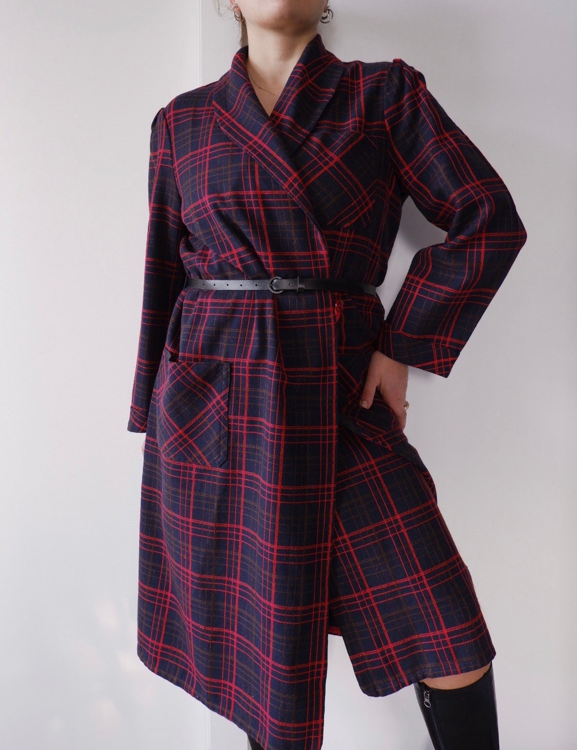 strapless open back dress Red Tartan Plaid Cotton Zip Front Dress - Midi Dresses