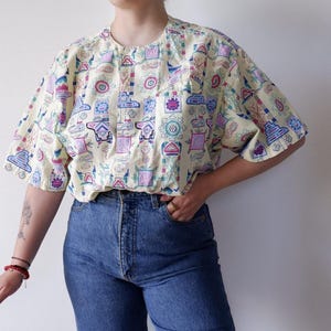 Vintage 80s Pastel Yellow Abstract Pattern Shirt, Oversized Cotton Shirt with Raglan Sleeves, Summer Shirt, Size L, Unisex