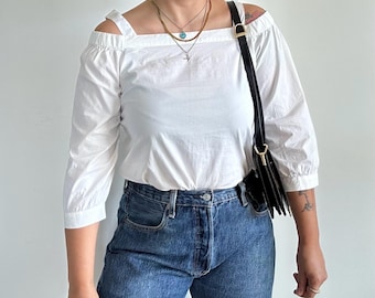 White Cotton Off Shoulder Blouse with 3/4 Sleeves and Removable Straps, Minimalist Loose Fit Top for Women Size S - M, Summer Casual Shirt