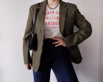 Vintage olijfgroene blazer jaren 90, lichtgewicht katoenen damesjasje, minimalistische blazer met slanke pasvorm, ongevoerd vintage jasje, past tot XL