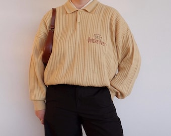 Suéter vintage de lana de punto Quiksilver, jersey unisex de cuello polo de los años 90, fabricado en Italia, jersey de invierno amarillo pastel, talla única.
