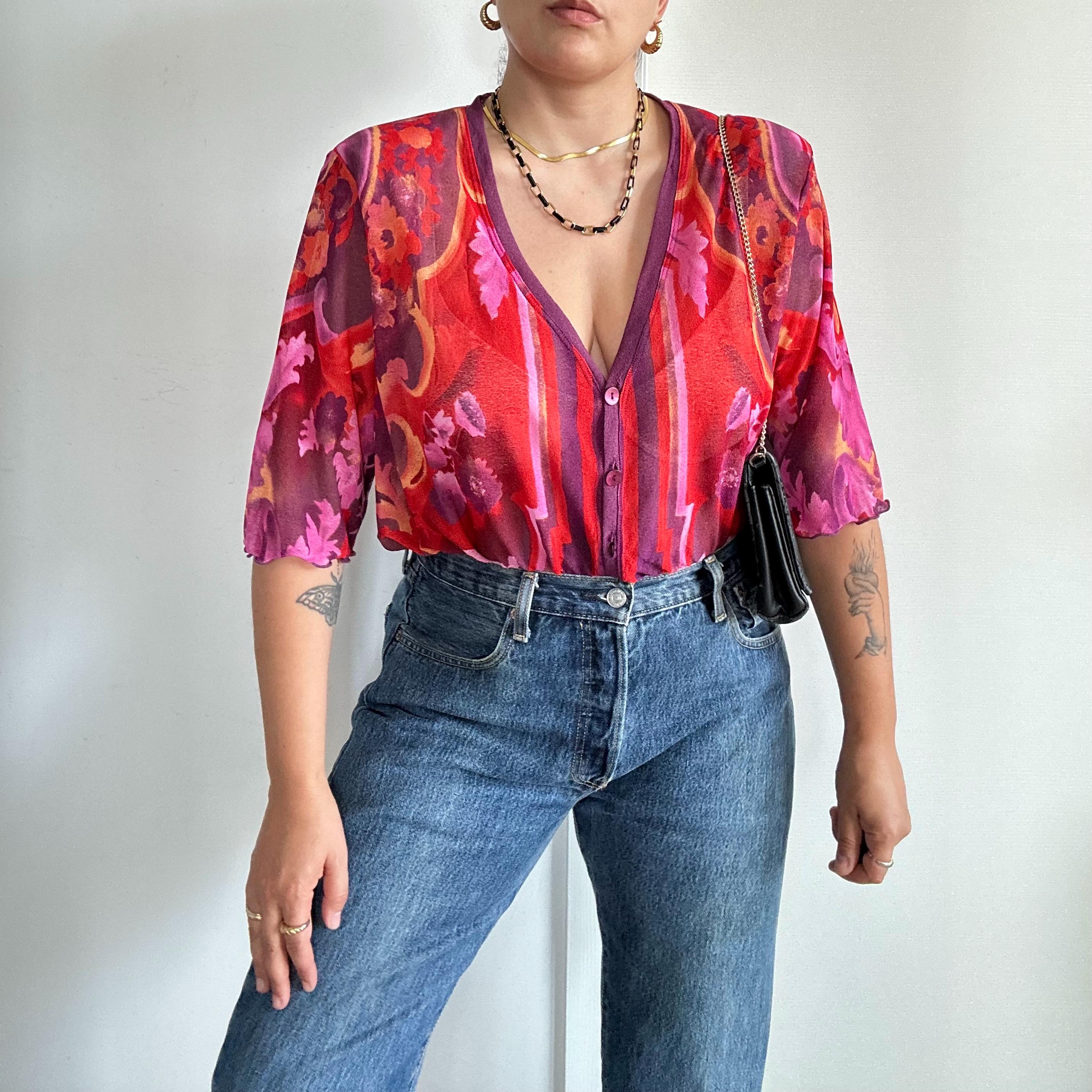 Chemisier Vintage Années 90 à Fleurs Roses Et Rouges - Col à Volants - Taille M - Occasion Très Bon état