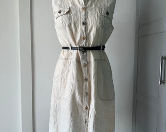 Vintage Cream White Linen Summer Dress - Sleeveless Button Chemise