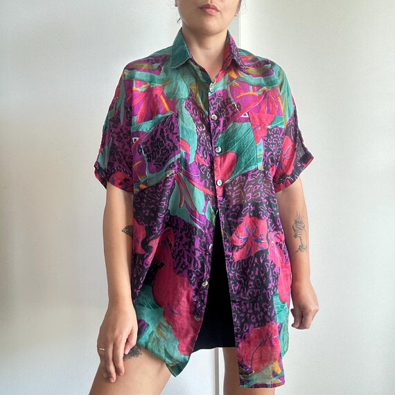 Vintage oversized blouse in sheer viscose, bold a… - image 1