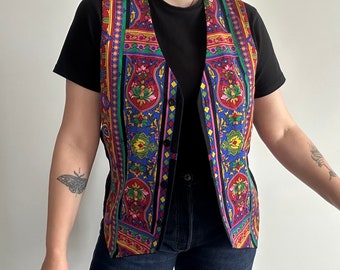 Gilet à motif abstrait vintage des années 80 - Design rétro noir avec laçage au dos