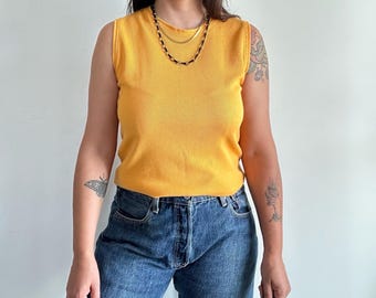 Vintage mustard yellow sleeveless top, ribbed round neck tank, minimalist basic shirt, cotton blend casual blouse, size M L oversized fit