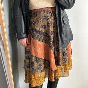 Vintage Silk Wrap Skirt, Boho A-Line Skirt, Indian Style Skirt with Tie Waist, Abstract Pattern, Free Size