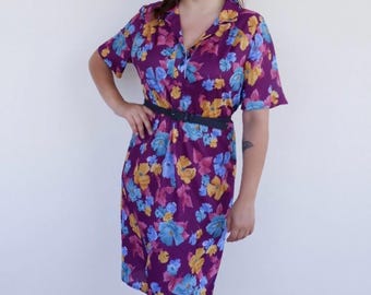 Vintage 70s Pink Floral Dress | Fuchsia Viscose Summer Midi | Short Sleeve Boho Chic Dress