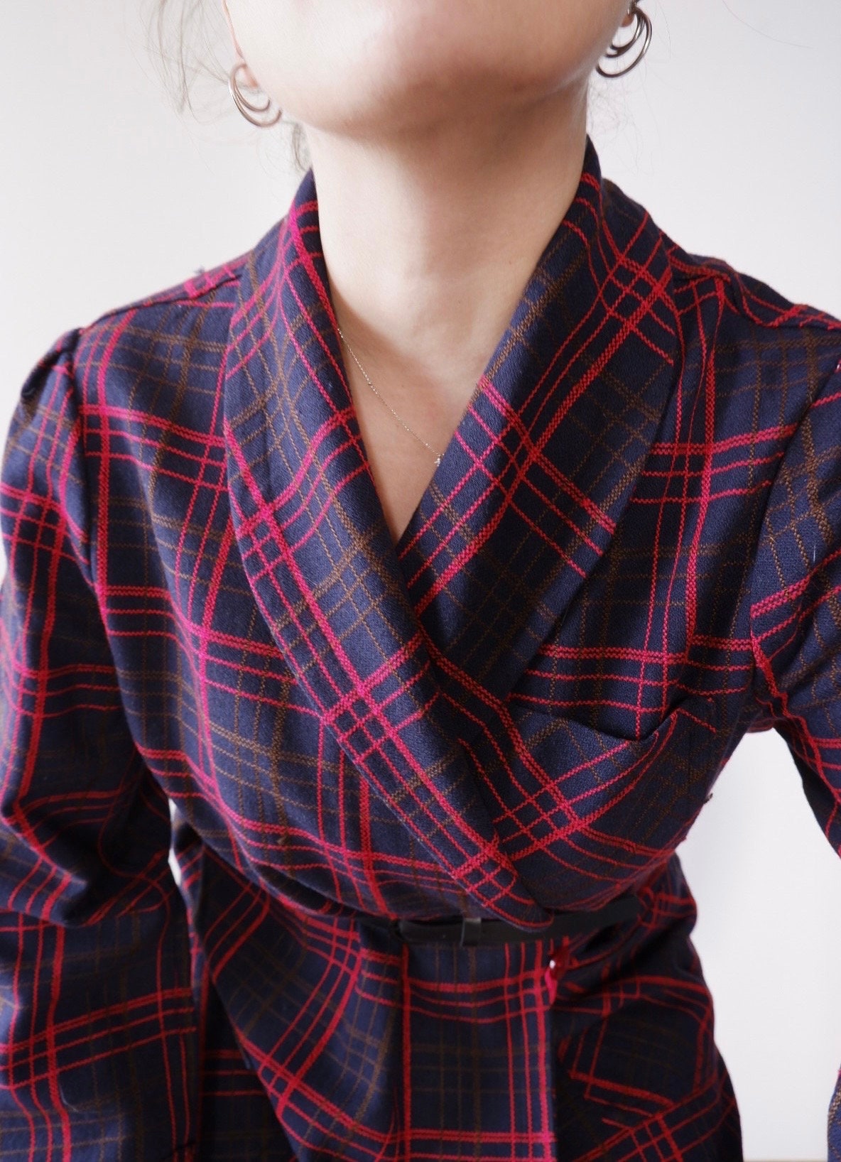 Vintage Wrap Dress with Blue and Red Plaid Pattern, Shawl Collar Dress, Belted Dress, Midi Long Sleeve Dress