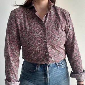 Camicia Floreale vintage da donna, Taglia M, Blusa con colletto tuxedo, camicia sartoriale in cotone con maniche lunghe