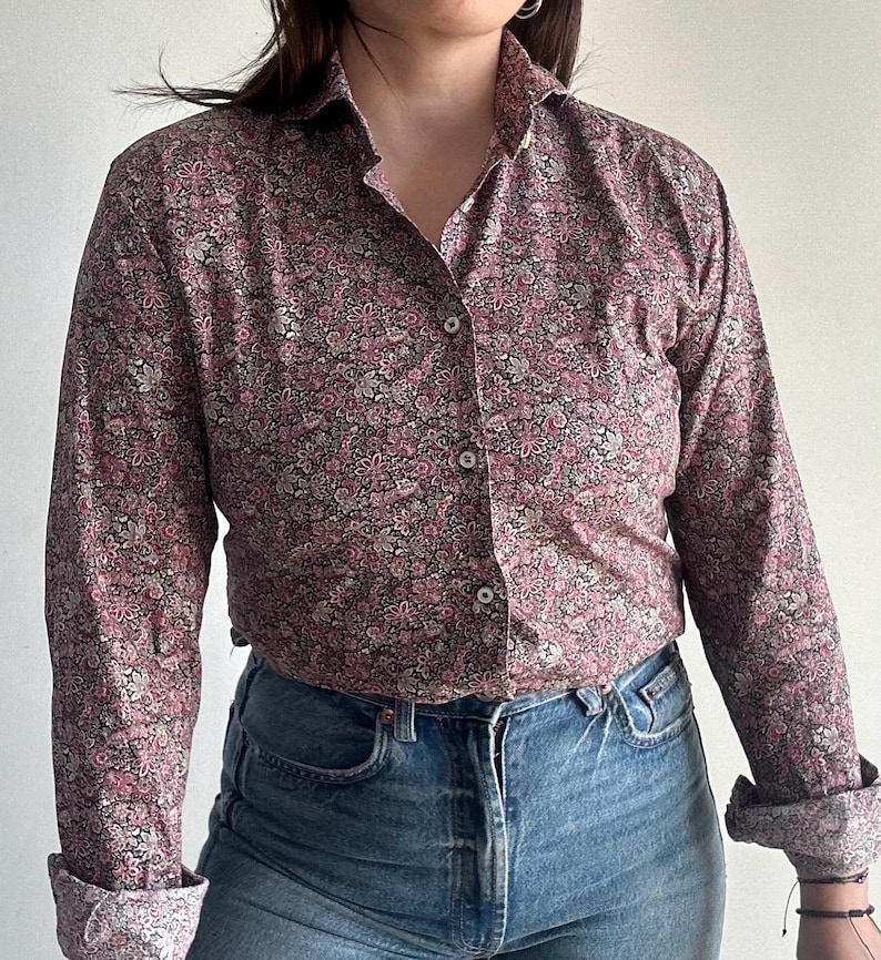 Camicia Floreale vintage da donna, Taglia M, Blusa con colletto tuxedo, camicia sartoriale in cotone con maniche lunghe