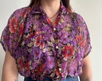 Vintage 80s Floral Organza Shirt- oversized fit