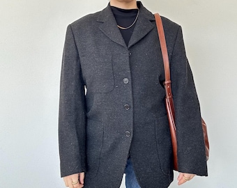 Vintage Italian wool blend blazer dark grey, unisex tailored jacket with notch lapel, four button coat for minimalist layered outfits