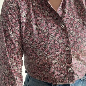 Camicia Floreale vintage da donna, Taglia M, Blusa con colletto tuxedo, camicia sartoriale in cotone con maniche lunghe