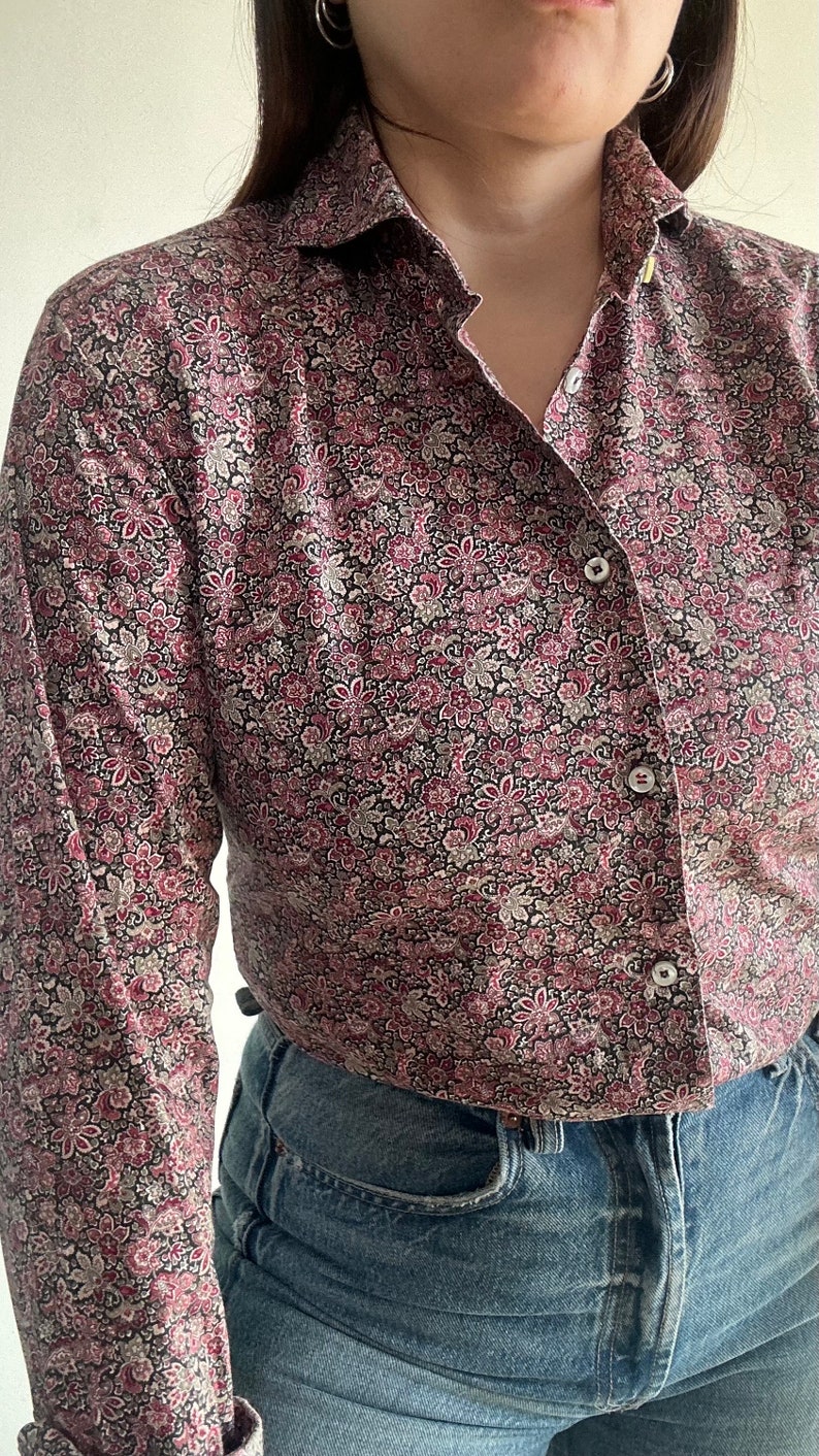 Camicia Floreale vintage da donna, Taglia M, Blusa con colletto tuxedo, camicia sartoriale in cotone con maniche lunghe