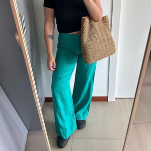Vintage 90s Green Linen Wide Leg Pants - Mid waist with side Zipper Closure | wide leg trouser for women | summer pants | Made in Italy