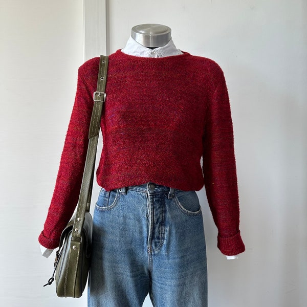 Handmade crop red vintage pullover/red 90s vintage pullover/knitted women’s sweater/vintage handmade women’s sweater