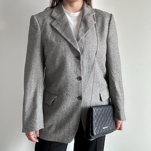 Gray Silk Blazer Made in Italy, Size L-XL, Tailored Jacket with Shoulder Pads, Single-Breasted Front Button Coat