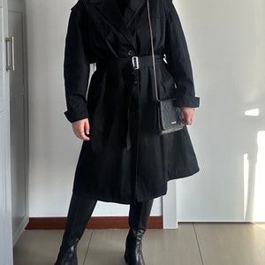 Vintage Black Long Trench Coat, Size L-XL, Coat with Belt and Wool Lining, Classic Minimalist Jacket, Tailored Coat Made in Italy