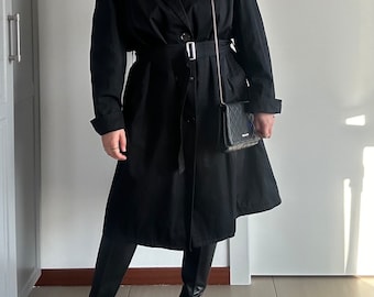 Vintage black trench coat, Italian tailored coat with belt and wool lining, minimalist long jacket, oversized winter coat L-XL