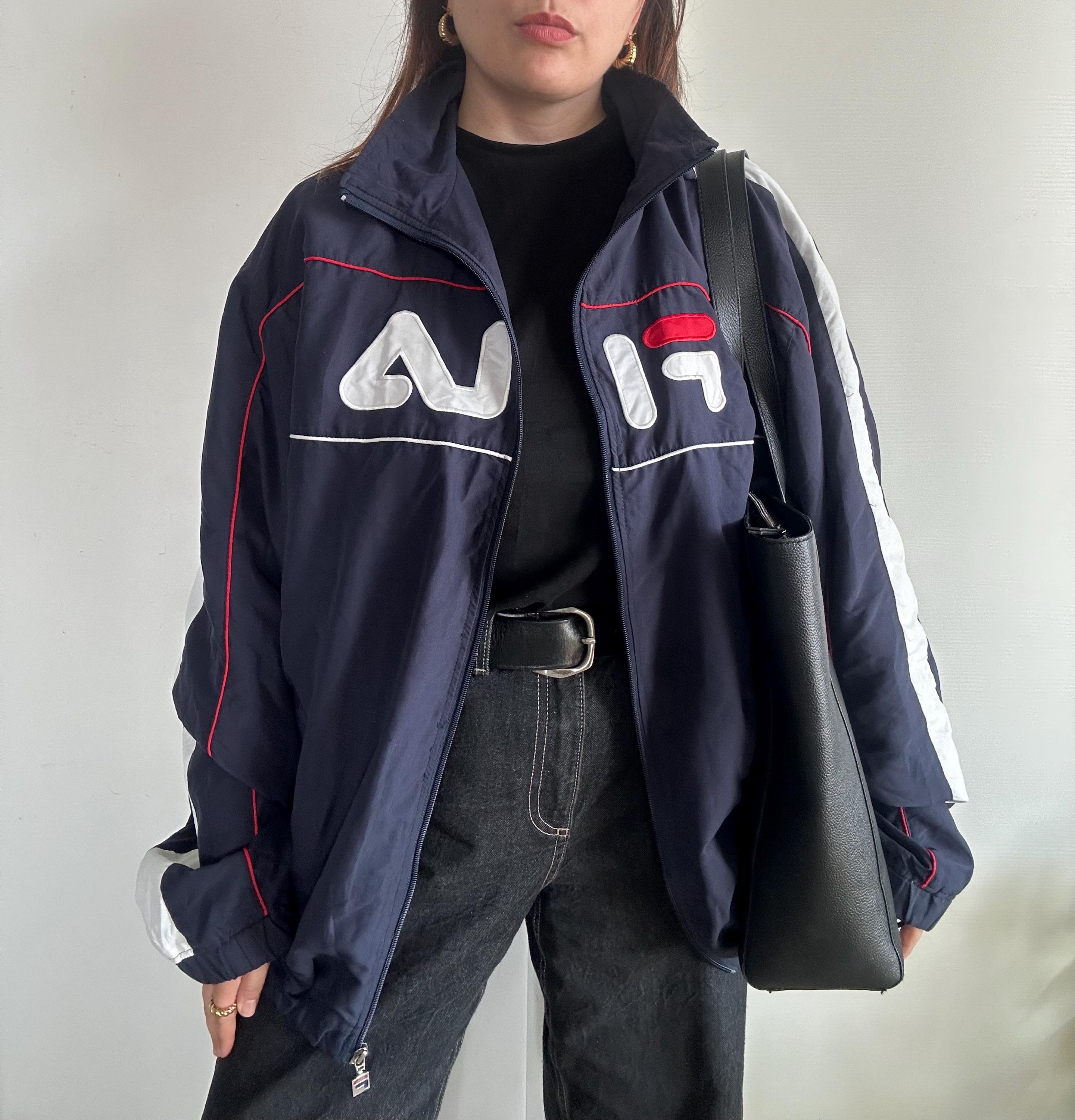 90s FILA ベンチコート XL クレイジーパターン ロゴ OLD 内ボア Vintage 90s Fila Sport Bomber Parka Jacket Xlarge Fila Ski