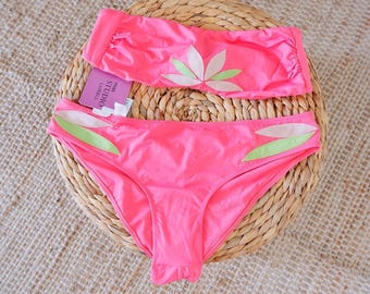 90s Pink Floral Bandeau Bikini Set | Vintage Two Piece Swimsuit by La Perla Miss Studio | Size XS S | Nylon Elastane | New with Tags