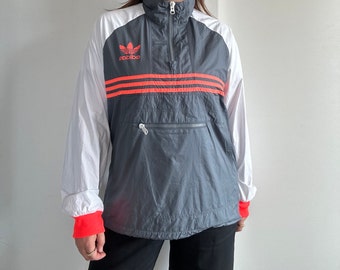 Vintage 90s Adidas Windbreaker, lightweight white and gray fabric, unisex anorak jacket, top with contrasting orange stripes, size L-XL