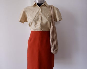 Rdzawopomarańczowa spódnica mini w stylu vintage ze strukturalnego poliestru, rozkloszowana spódnica z wysokim stanem, krótka spódnica bez podszewki, włoski styl retro, rozmiar S M