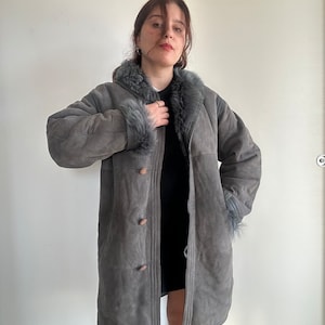 Gray Shearling Leather Coat, Sheep Fur Jacket, Single-Breasted Shearling Coat, Medium Length Lambskin Leather Coat