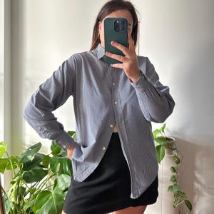 Women&#39;s Vintage Blue and White Checkered Shirt, Size M, Cotton Vichy Pattern Button-Down Long Sleeve Shirt