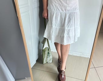 Floral Embroidered 90s Vintage White Cotton Midi Skirt for Women | Size L |  Sangallo Lace Skirt with knee length | Made in Italy