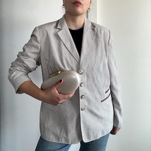Licht wit crème blazer met bruine strepen, maat L, dames enkelrijsjasje, oversized lentejas, gemaakt in Duitsland