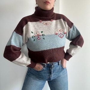 Turtleneck Wool and Alpaca Sweater, Vintage Knit Stripe Sweater with Embroidery and Pearls, Pastel Colored Sweater