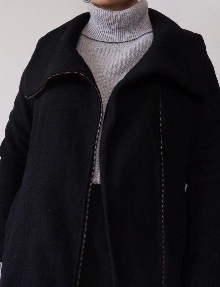 Women's Black A-line Coat, Coat With Asymmetric Zip Closure