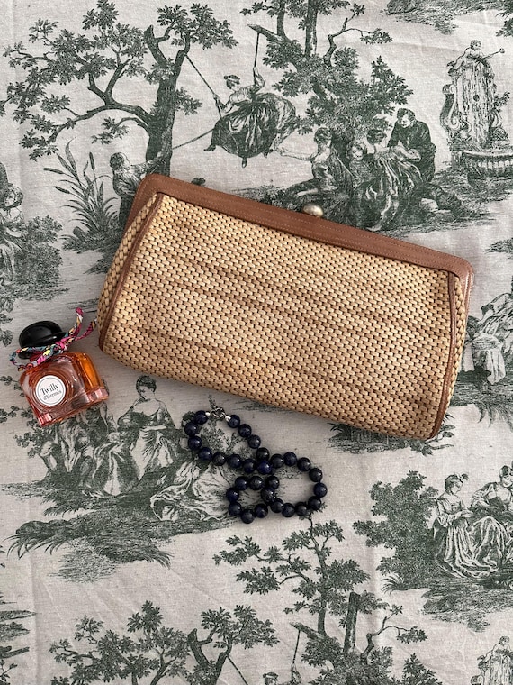 70s Italian Jute & Leather Handbag, Elegant Beige Clutch with Gold Accents, Vintage Pochette, Evening bag in Burlap, Clutch Purse