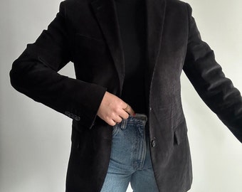 Classic 90s Black Corduroy Blazer Jacket, Tailored Fit, Y2K Style, Retro Chic, Velvet Cotton